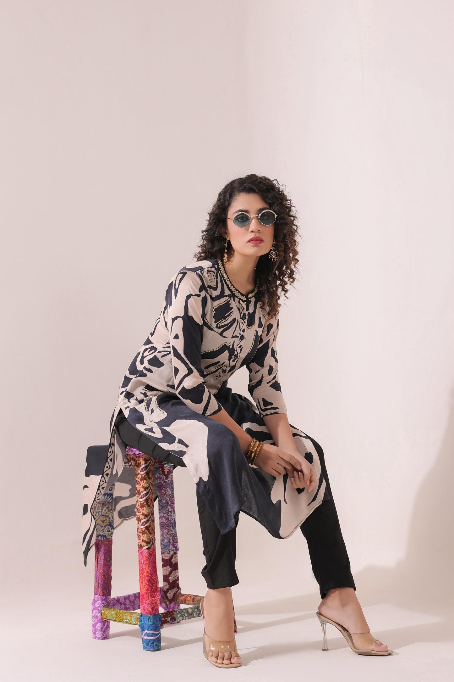 SummerFalling-Black Digital Printed Bamberg Satin Silk Pant Set