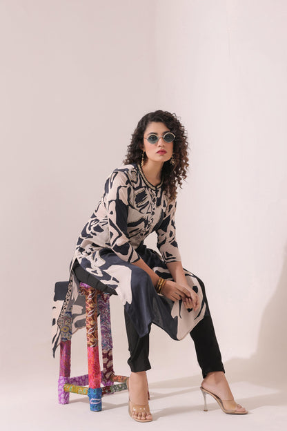SummerFalling-Black Digital Printed Bamberg Satin Silk Pant Set