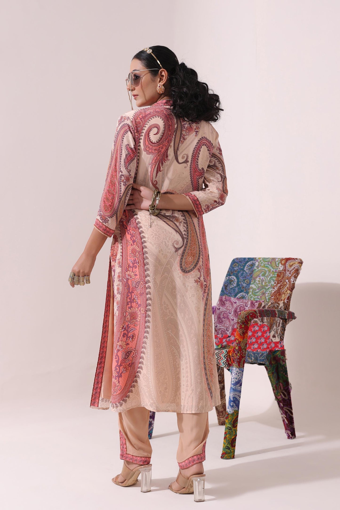 SummerFalling-Beige Traditional Printed Crepe Silk Pants Set