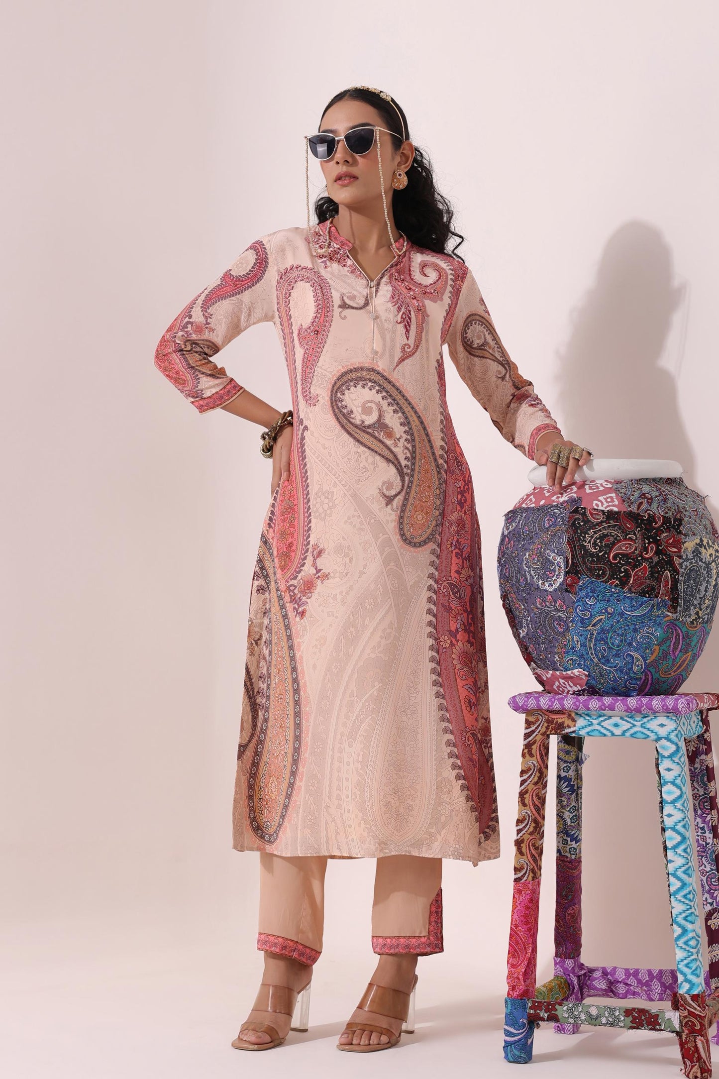 SummerFalling-Beige Traditional Printed Crepe Silk Pants Set