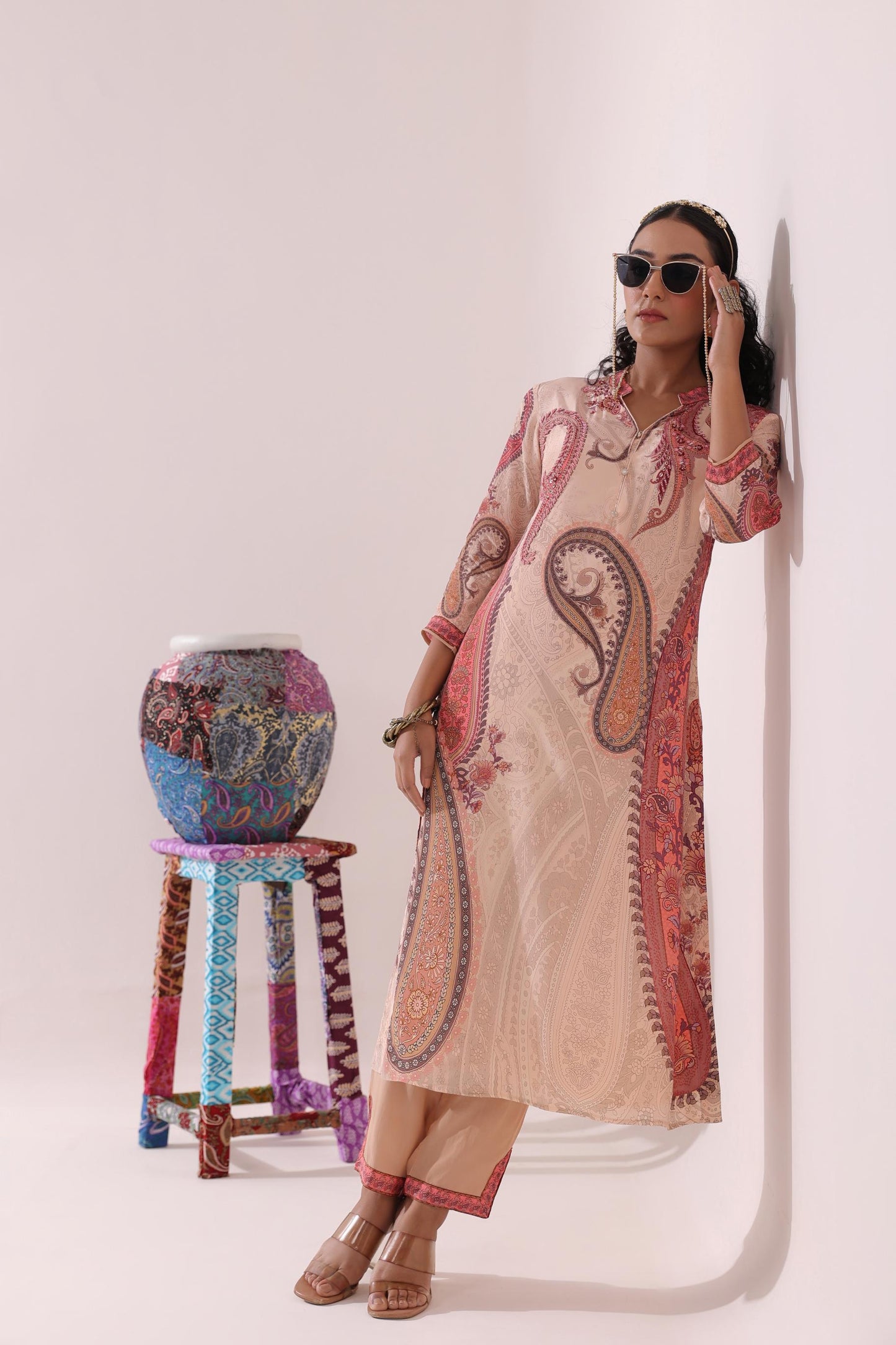 SummerFalling-Beige Traditional Printed Crepe Silk Pants Set
