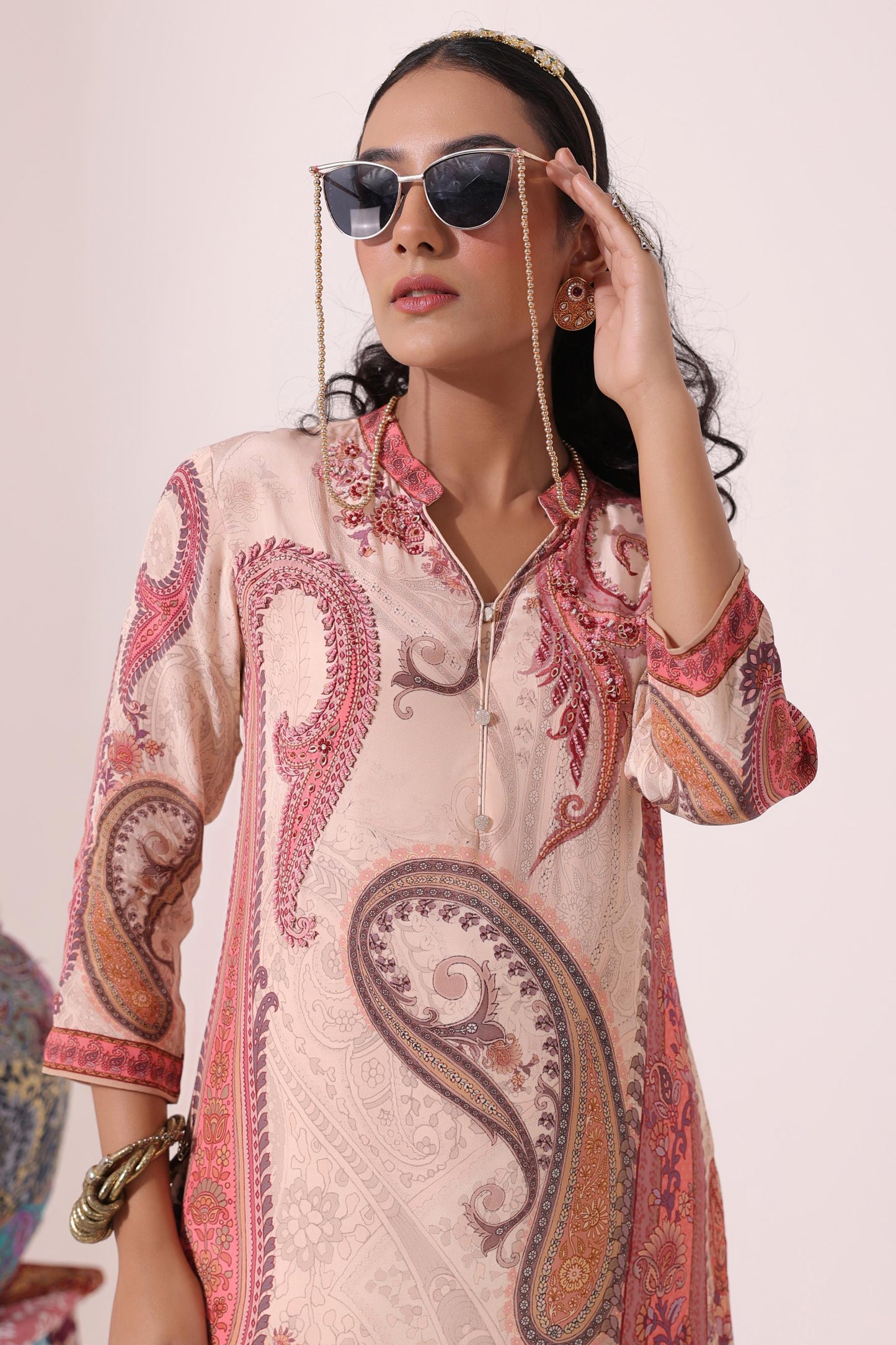 SummerFalling-Beige Traditional Printed Crepe Silk Pants Set