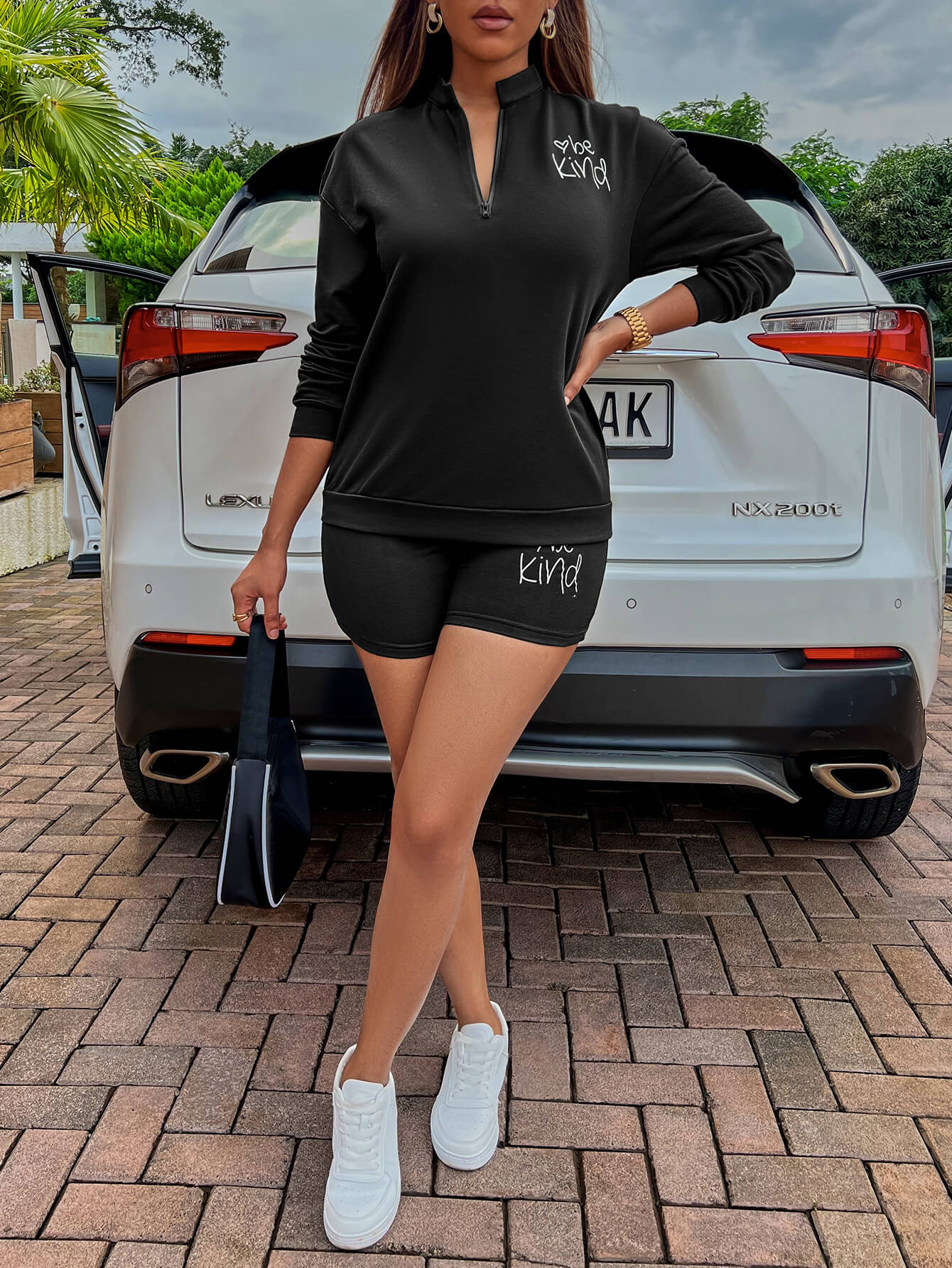 SummerFalling-BE KIND Graphic Quarter-Zip Sweatshirt and Shorts Set