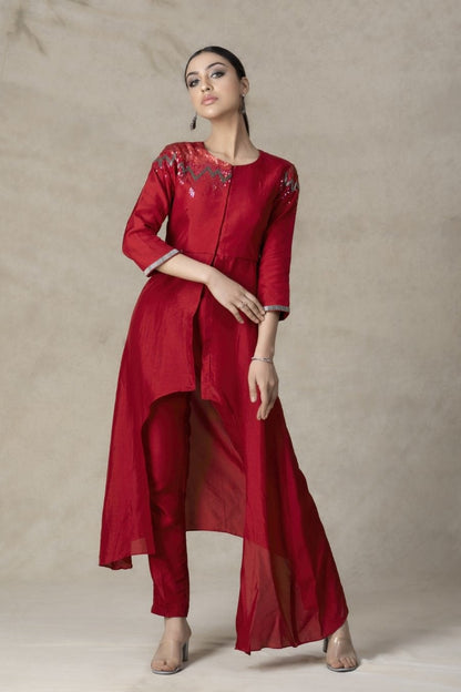 SummerFalling-Asymmetrical Carmine Red German Silk Kurta Pant Set