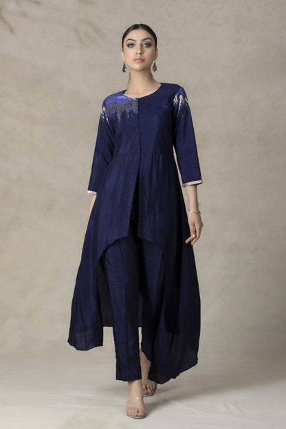SummerFalling-Asymmetrical Violet German Silk Kurta Pant Set