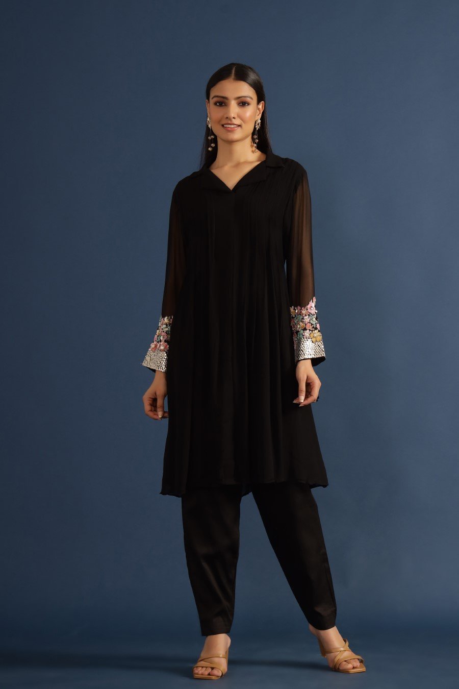 SummerFalling-Black Embellished &amp; Pleared Tunic with Pants