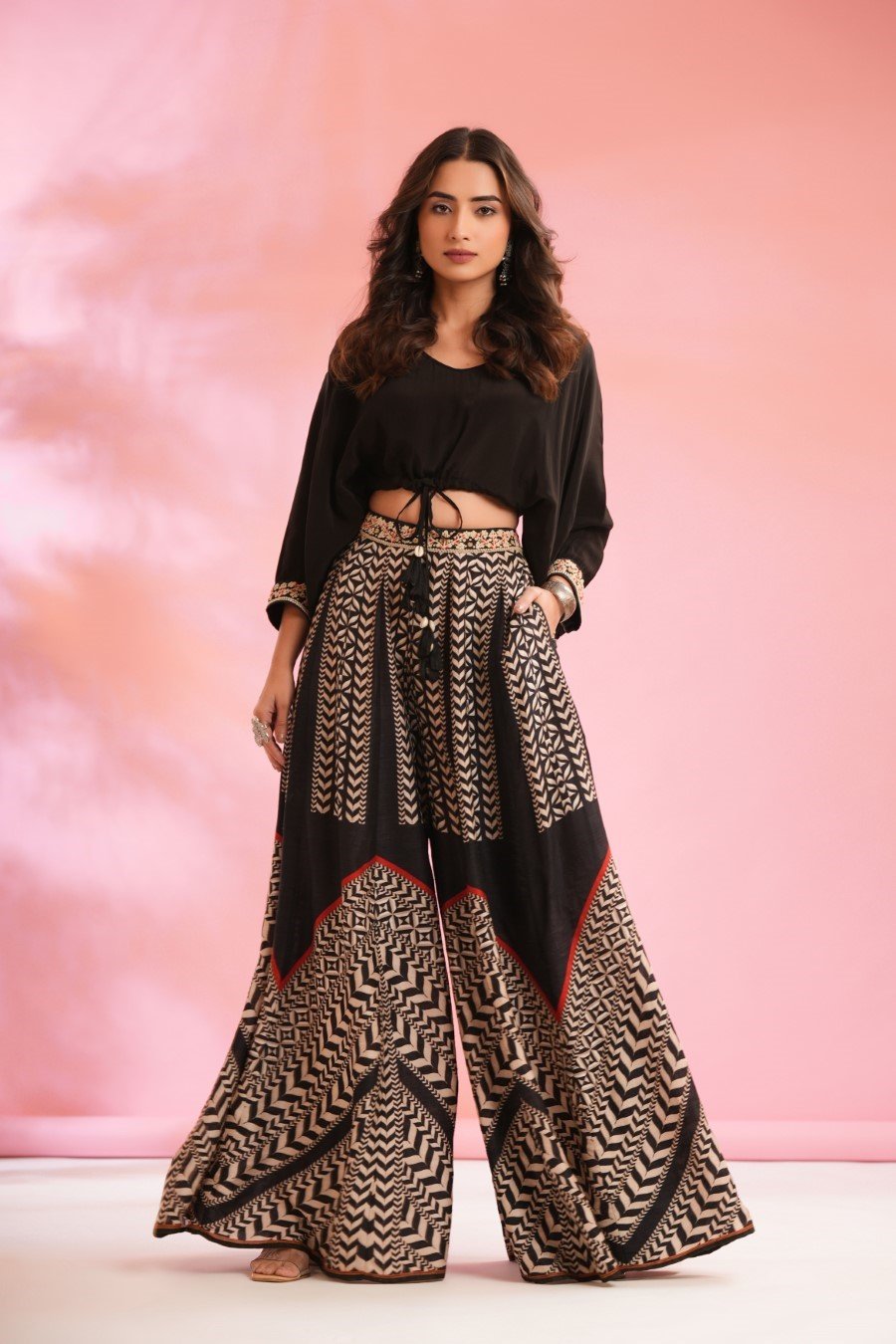 SummerFalling-Black Chevron Palazzo Pants with Crop Top