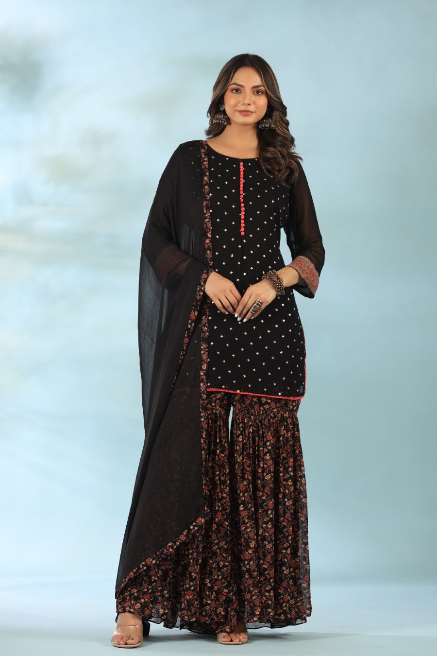 SummerFalling-Black Embellished Kurta with Floral Sharara Set