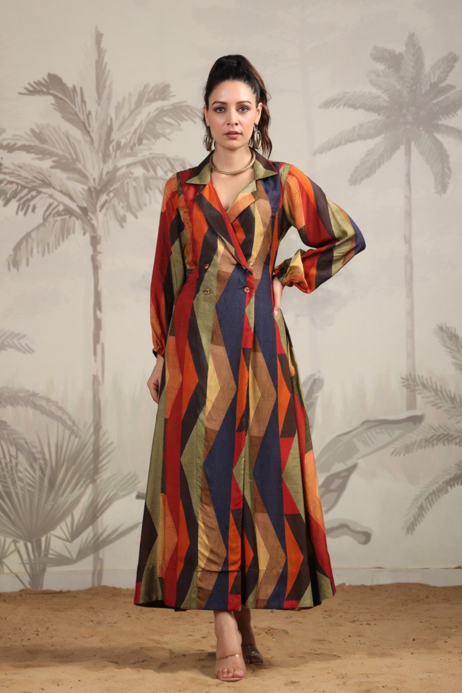 SummerFalling-Abstract Printed A-Line Spanish Silk Dress