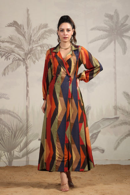 SummerFalling-Abstract Printed A-Line Spanish Silk Dress