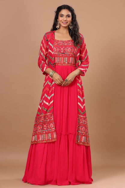SummerFalling-Alluring Rani Pink Resham Embroidered Dress with Cape