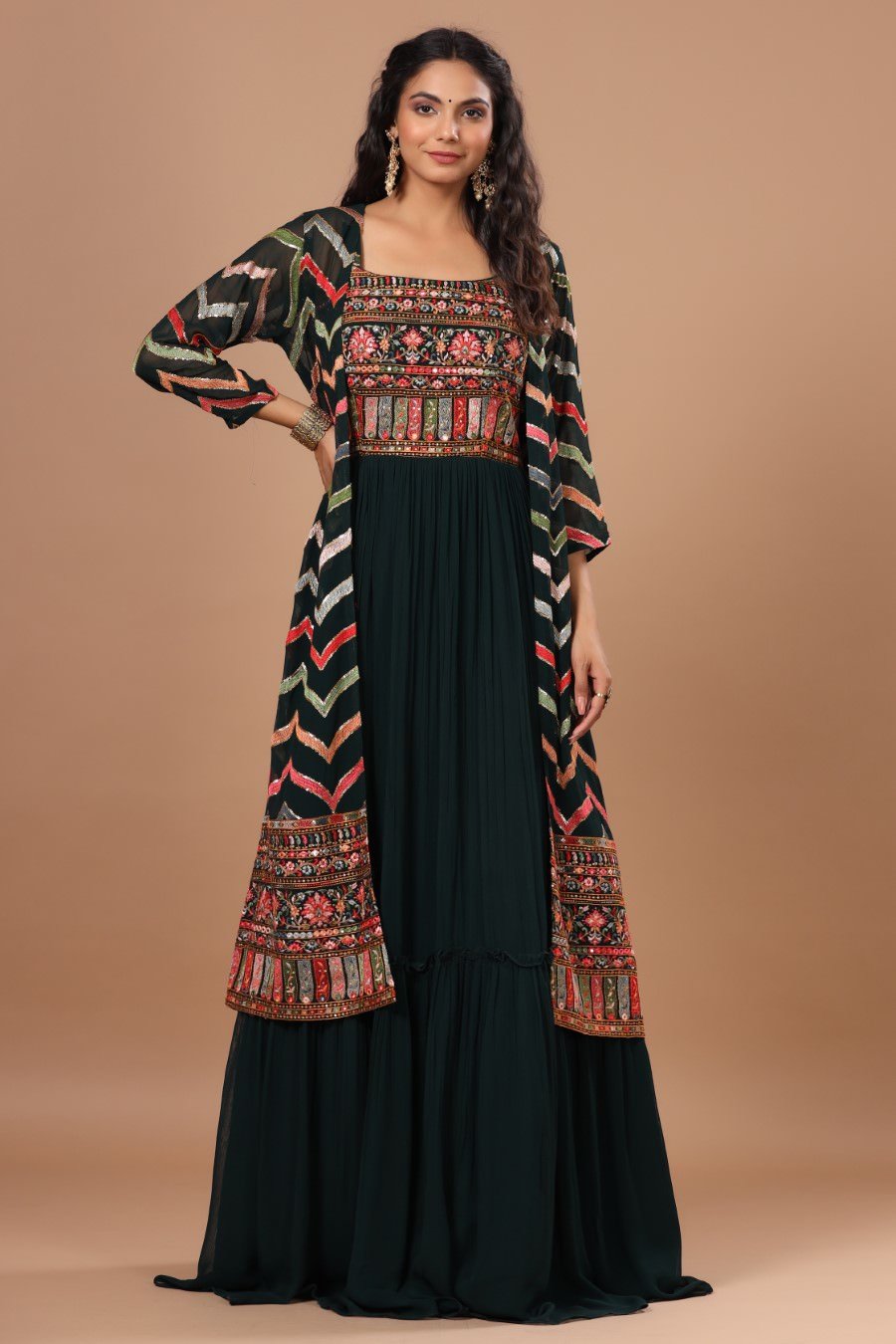 SummerFalling-Alluring Bottle Green Resham Embroidered Dress With Cape