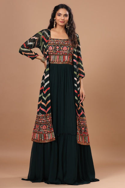 SummerFalling-Alluring Bottle Green Resham Embroidered Dress With Cape