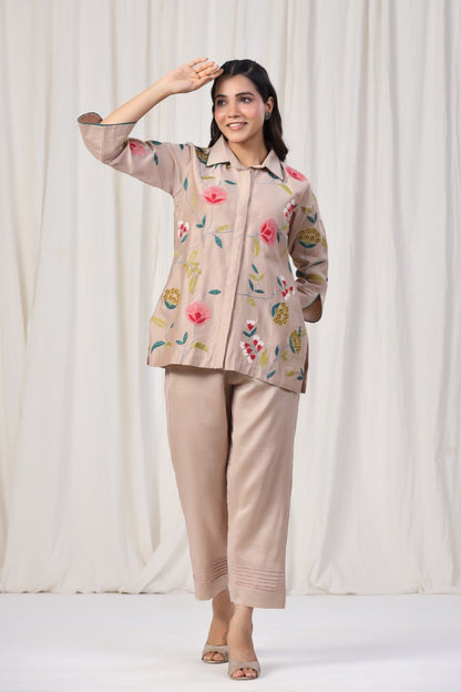 SummerFalling-Beige Chanderi Silk Embroidered Co-ord Set
