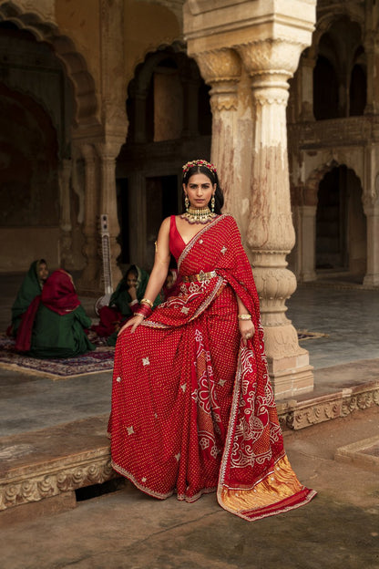 SummerFalling-Bandhej Embroidered Gajji Silk Saree