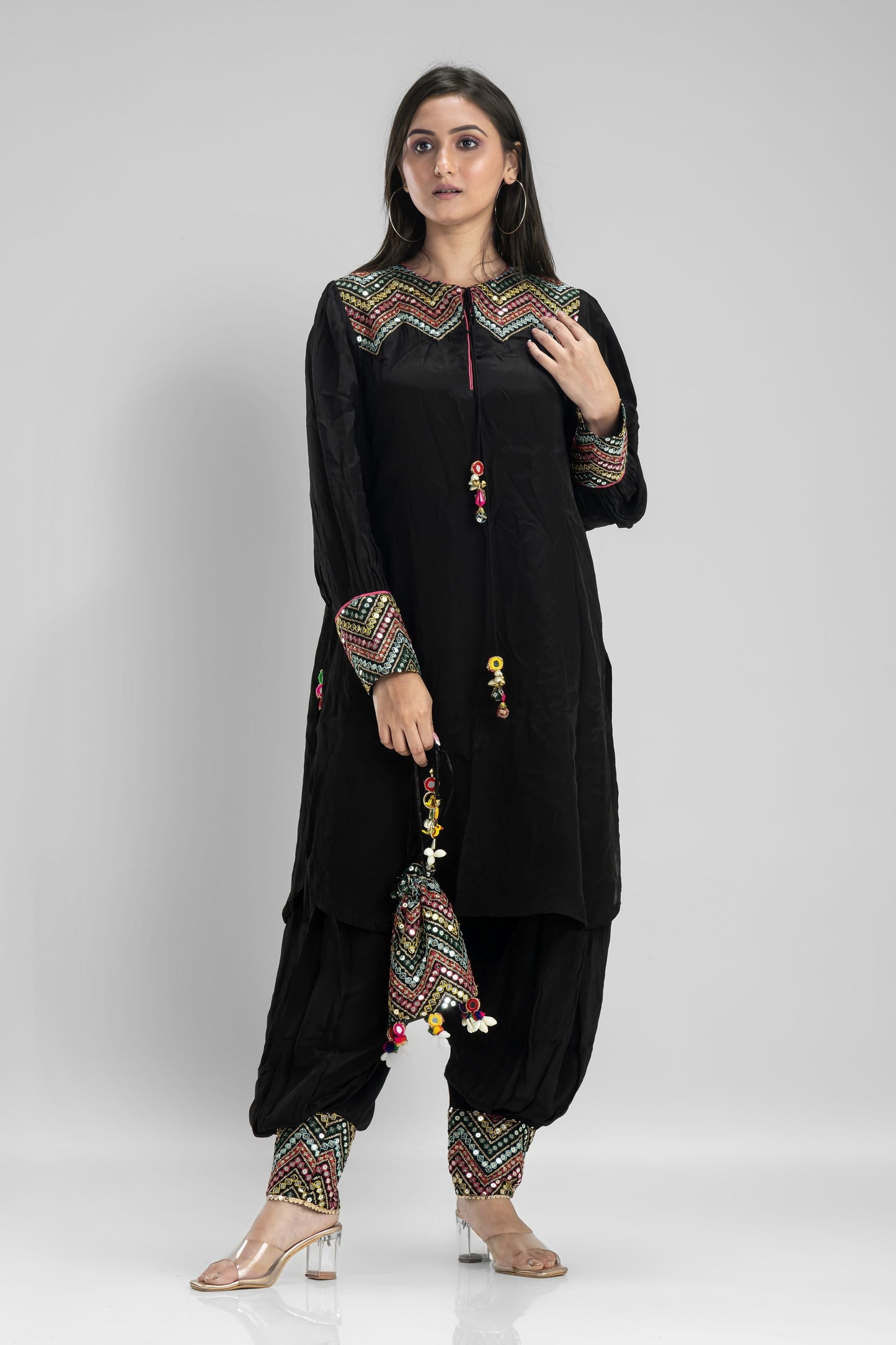 SummerFalling-Black Embroidered Muslin Silk Patiala Pants Set