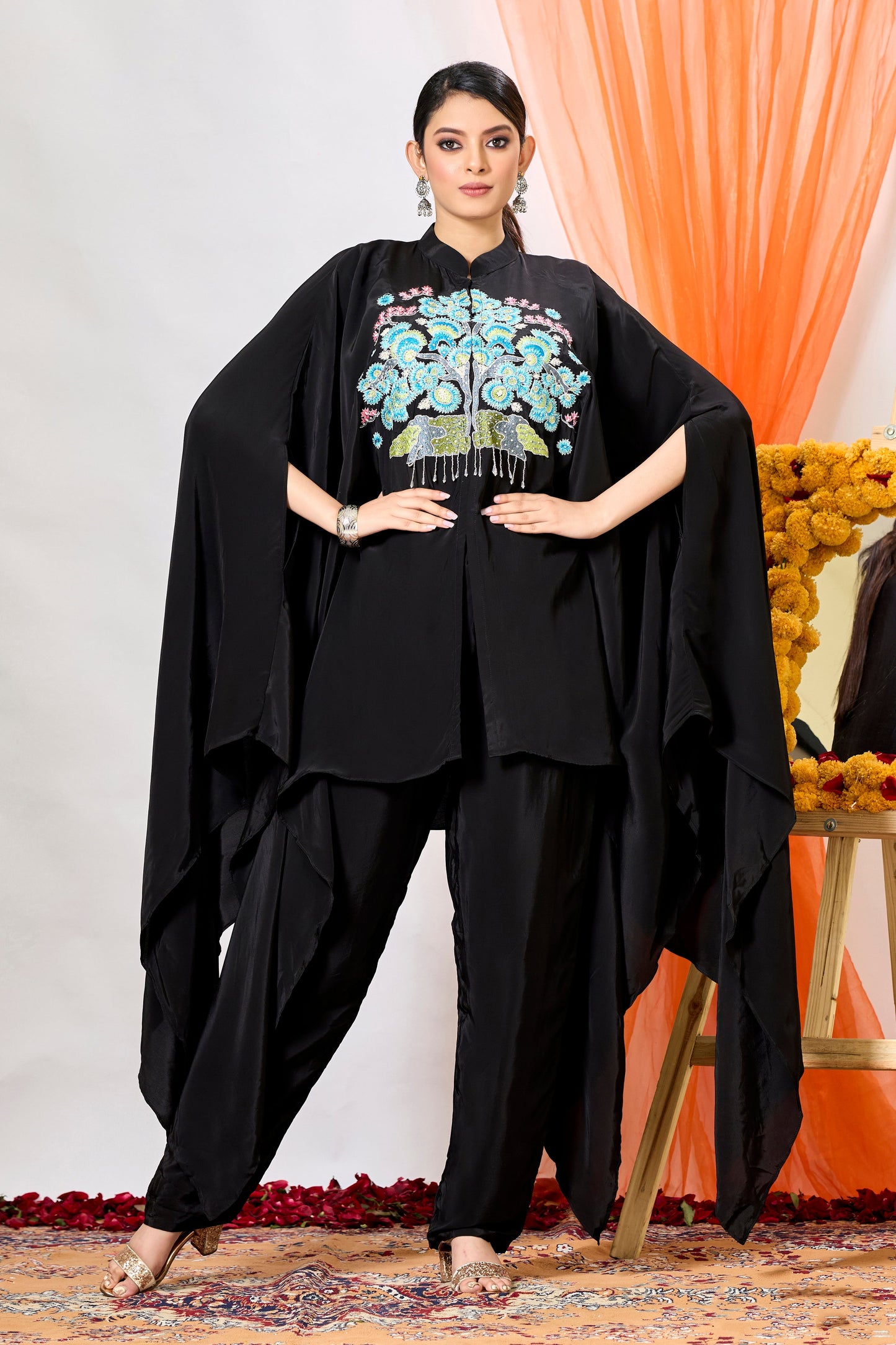 SummerFalling-Black Embroidered Crepe Silk Co-Ord Set