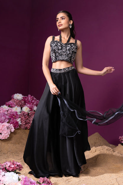 SummerFalling-Black Embellished Crepe Silk Palazzo Set