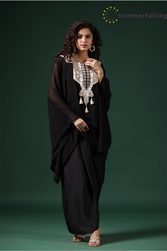 SummerFalling-Black Embellished Organza Silk Draped Skirt Set