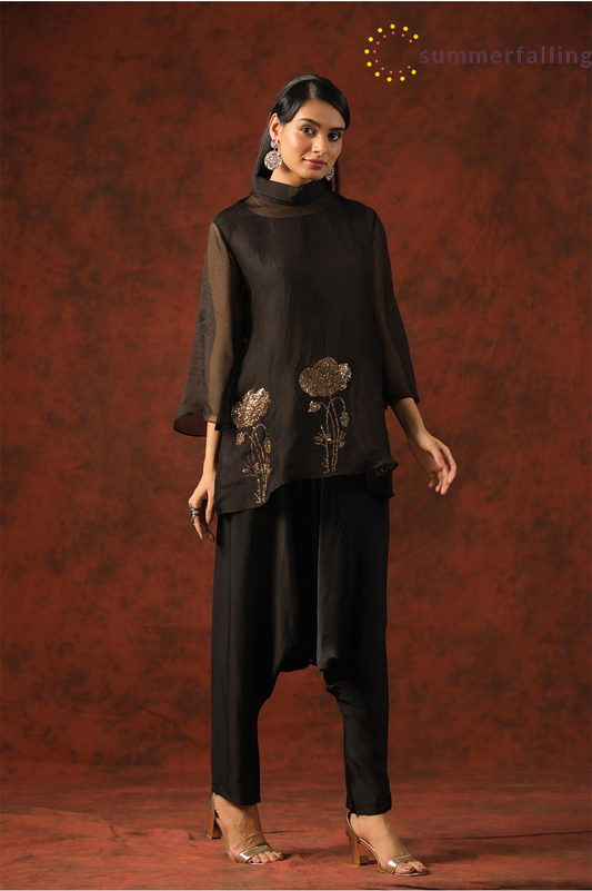SummerFalling-Black Embellished Organza Silk Co-ord Sets