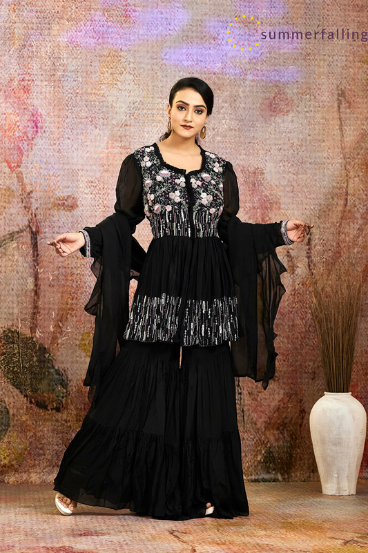 SummerFalling-Black Embellished Pure Crepe Silk Sharara Set