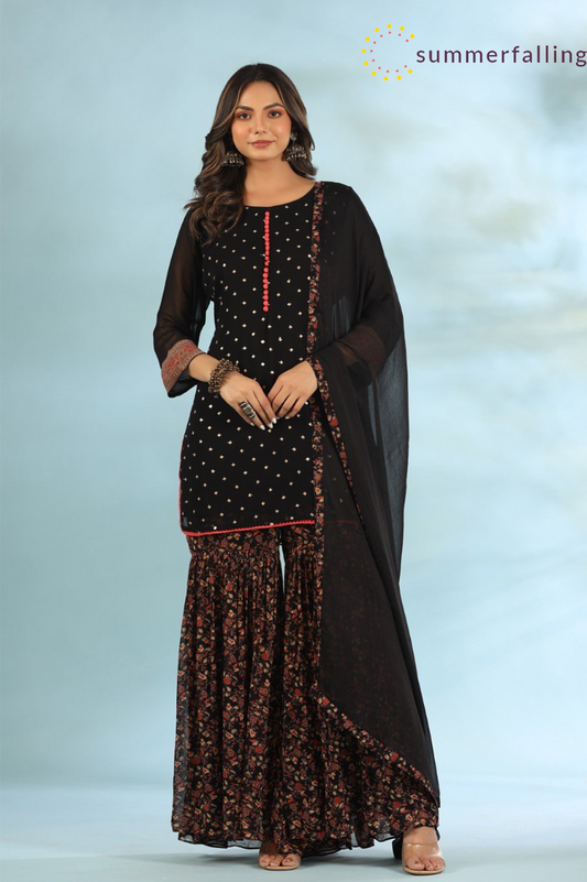 SummerFalling-Black Embellished Kurta with Floral Sharara Set