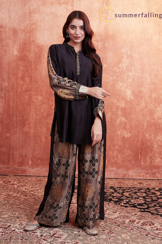 SummerFalling-Beige Ajrakh Printed Habutai Silk Co-Ord Set