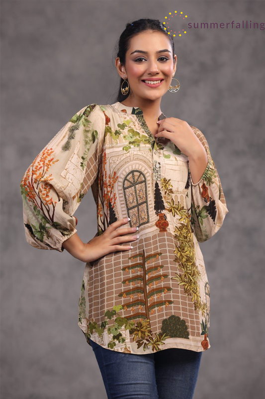 SummerFalling-Beige Digital Printed Italian Crepe Top