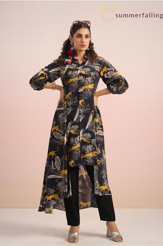 SummerFalling-Black Animal Printed Crepe Silk Kurta & Pant Set