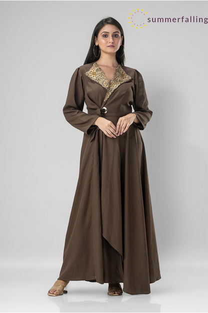 SummerFalling-Ash Brown Embellished Belgium Silk Draped Dress