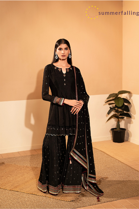 SummerFalling-Black Embellished Raw Silk Sharara Set