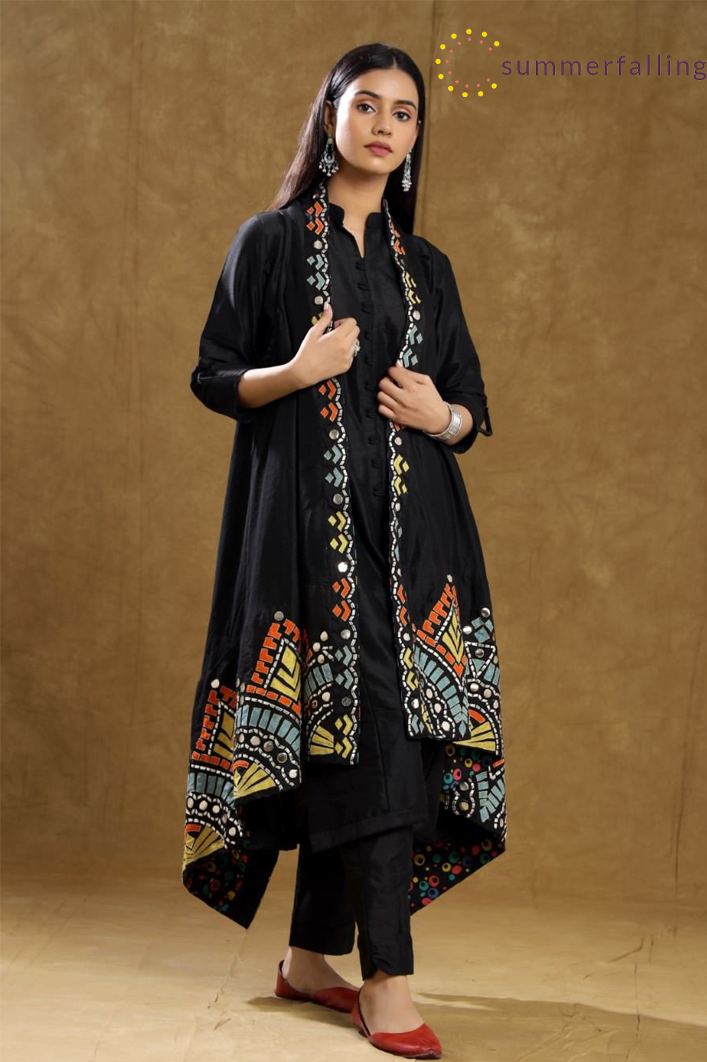 SummerFalling-Black Dola Silk Kurta Pant And Jacket Set