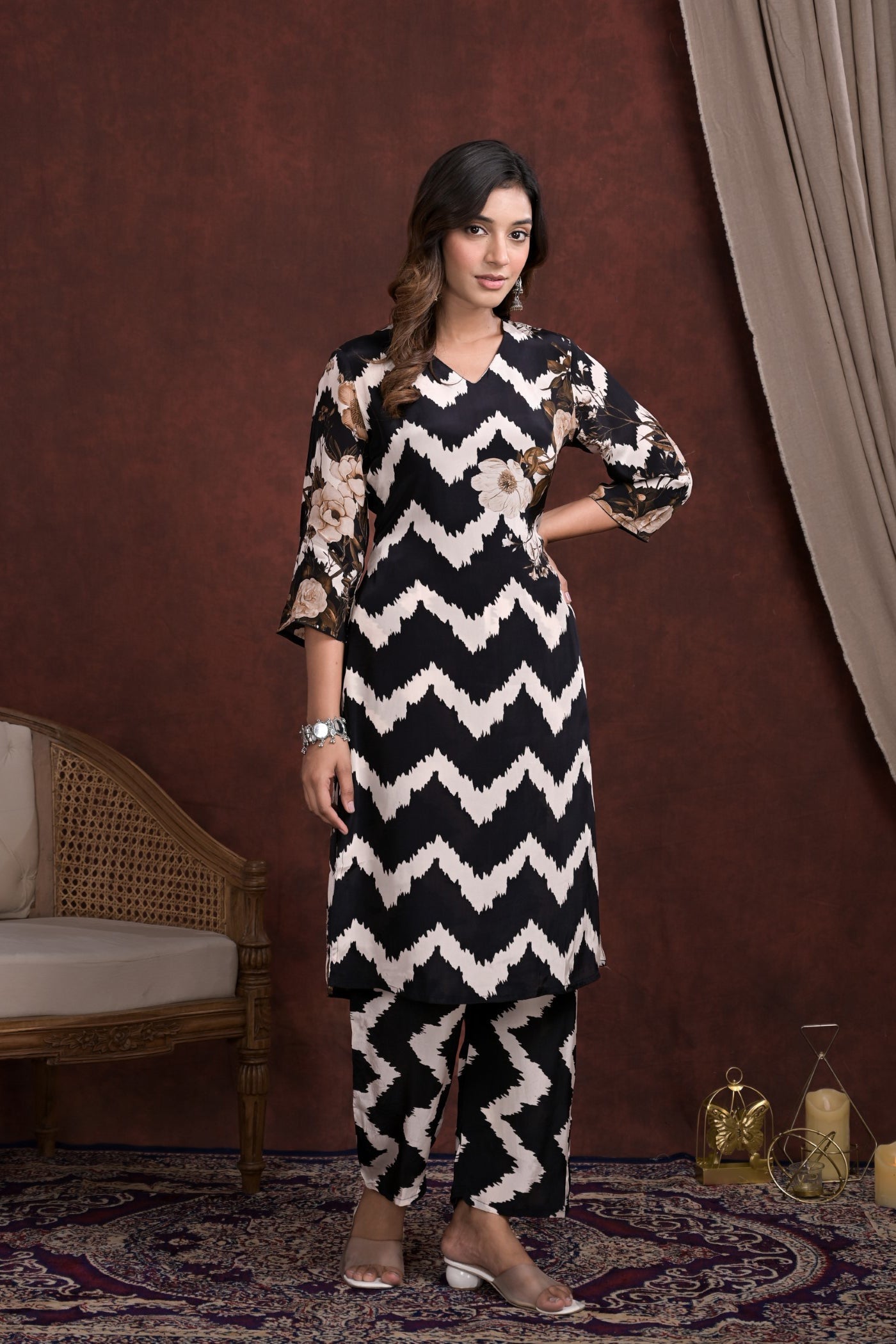 SummerFalling-Black Chevron Printed Mosche Silk kurta with Pants