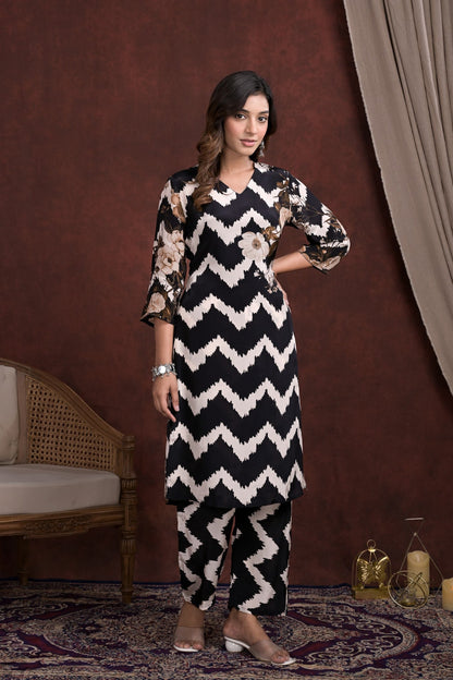 SummerFalling-Black Chevron Printed Mosche Silk kurta with Pants