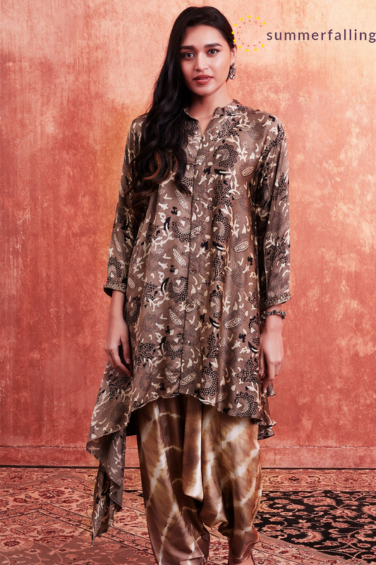 SummerFalling-Beige Ajrakh Printed Habutai Silk Kurta Salwar Set
