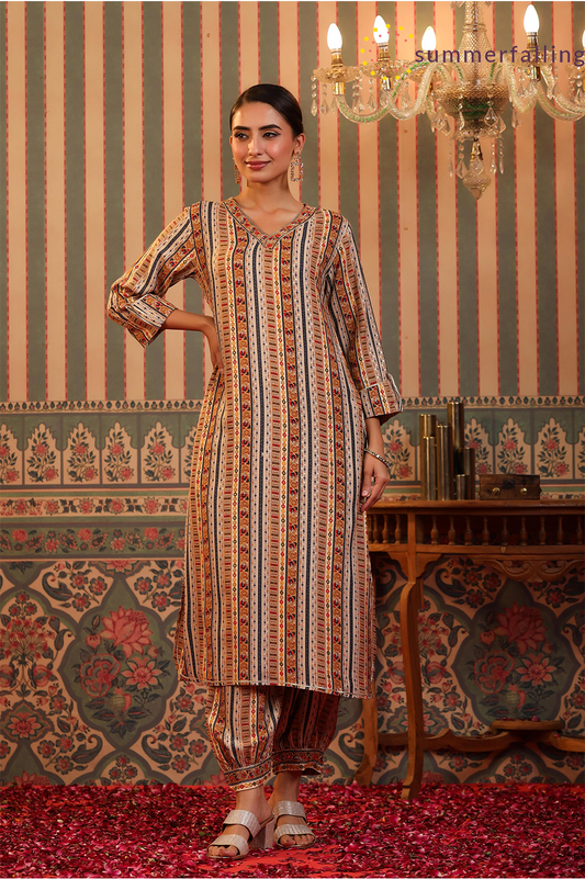 SummerFalling-Beige Foil Printed Spanish Silk Pathani Suit Set