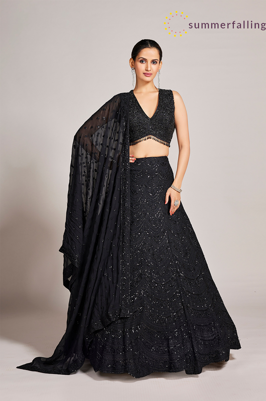 SummerFalling-Black Embellished Premium Georgette Silk Lehenga Set