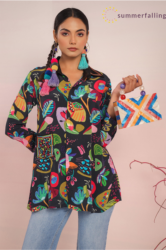 SummerFalling-Black Digital Printed Crepe Silk Short Top
