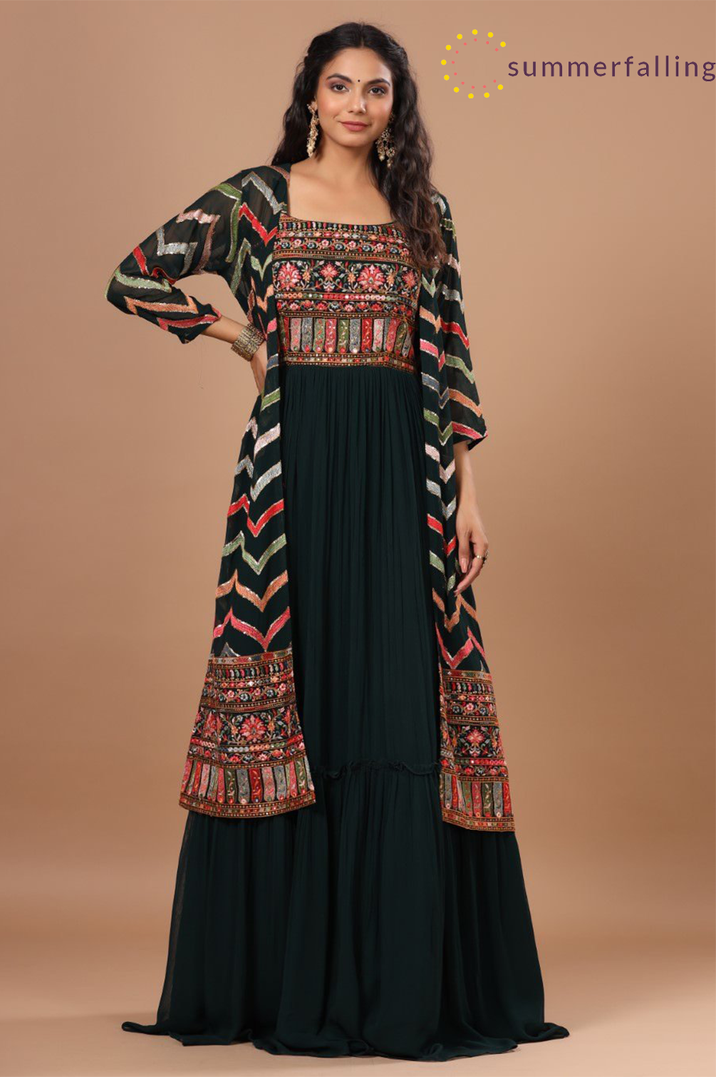 SummerFalling-Alluring Bottle Green Resham Embroidered Dress With Cape