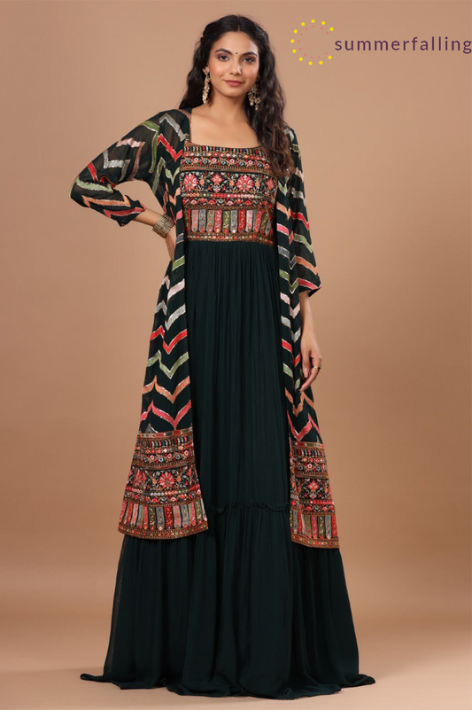 SummerFalling-Alluring Bottle Green Resham Embroidered Dress With Cape
