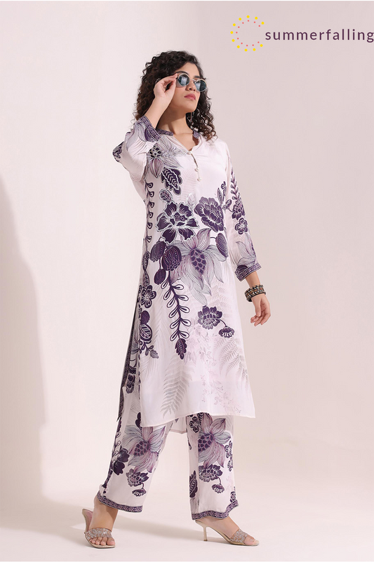 SummerFalling-Black & White Floral Printed Kurti And Pants Set