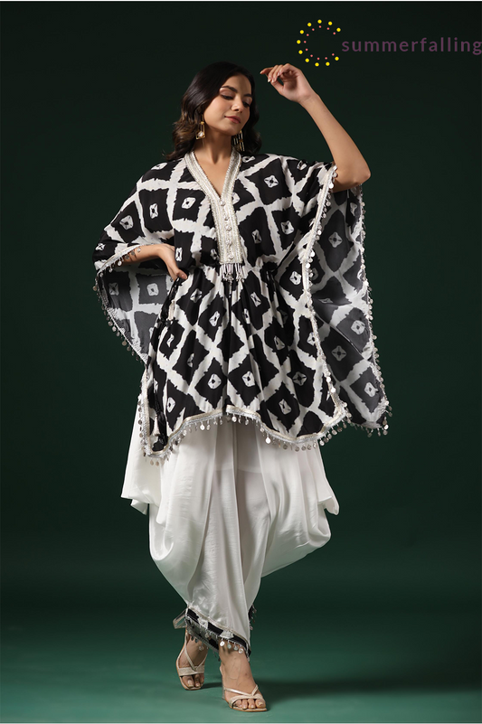 SummerFalling-Black & White Printed Habutai Silk Kaftan Dhoti Set