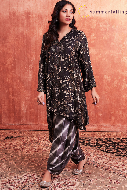 SummerFalling-Black Ajrakh Printed Habutai Silk Kurta Salwar Set