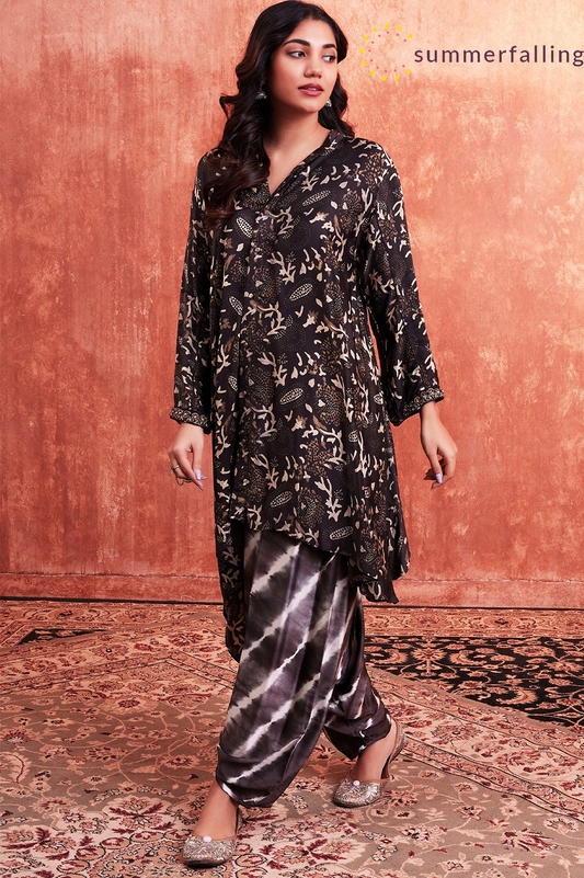SummerFalling-Black Ajrakh Printed Habutai Silk Kurta Salwar Set