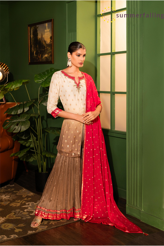 SummerFalling-Ash Brown Embellished Organza Silk Sharara Set