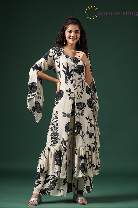 SummerFalling-Black & White Digital Printed Muslin Silk Palazzo Set