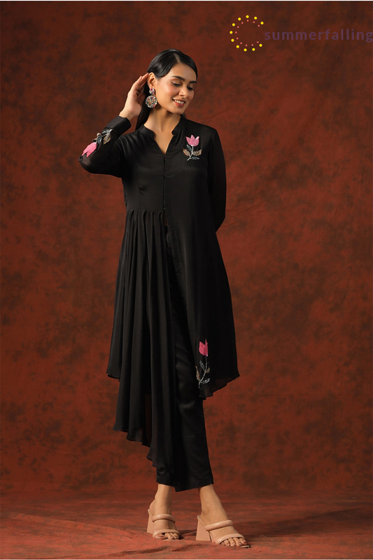 SummerFalling-Black Embelkished Chinon Chiffon Tunic Set