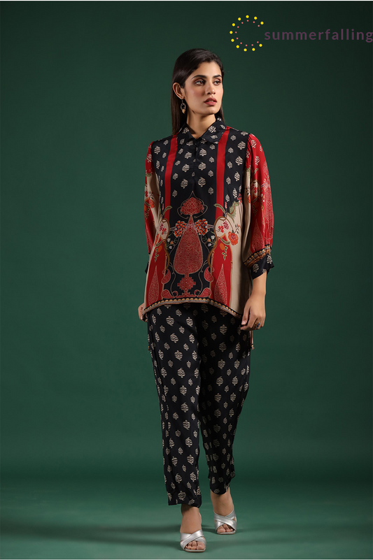 SummerFalling-Black Ajrakh Printed Crepe Silk Co-Ord Set
