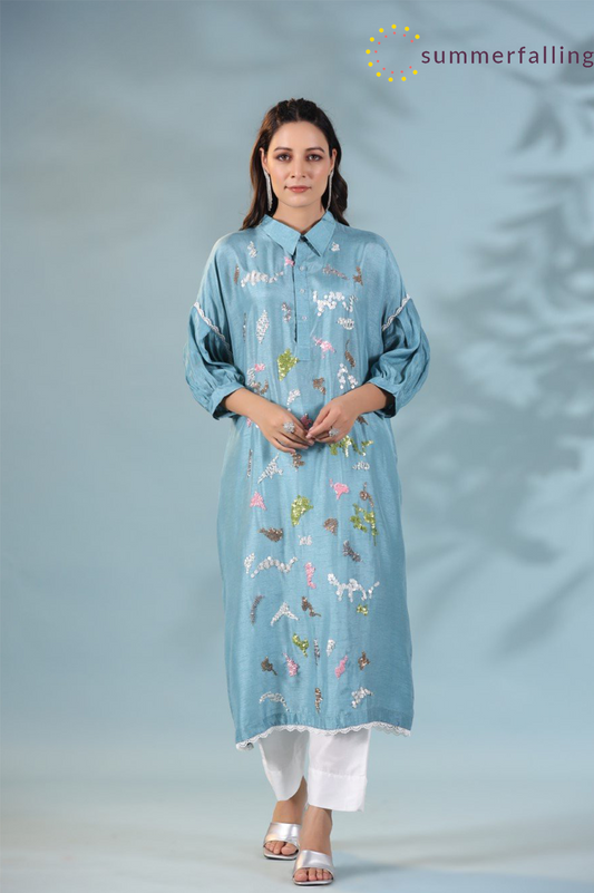SummerFalling-Aqua Blue Morish Silk Kurta with Pants