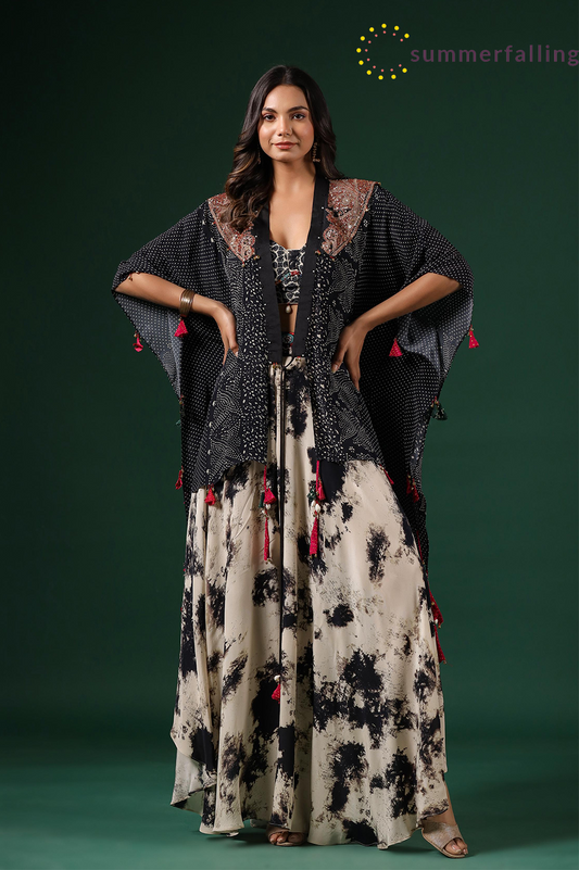 SummerFalling-Black & Pearl White Digital Printed Premium Silk Cape Set